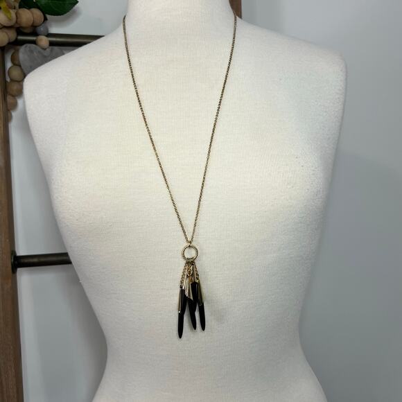 Fashion Necklace Womens Long‎ Drop Gold Plated Black Accents - Picture 2 of 5